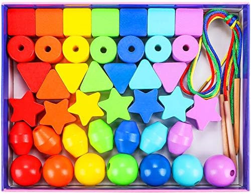 Tacobear 42 PCS Lacing Beads Threading Toys for Toddlers Wooden Primary Lacing Toy Rainbow Thread... | Amazon (US)