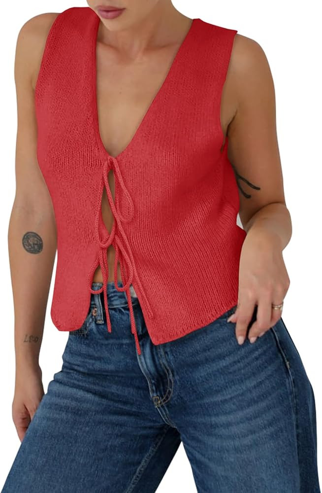 Yousify Womens Sweater Vests Tie Front Knit Vest Summer Ribbed Tank Tops Y2k Cute Vests Fashion C... | Amazon (US)