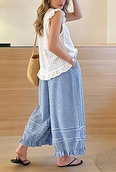 chouyatou Women 2026 Summer Ruffle Hem Crop Cotton Linen Pants Beach Plaid Gingham Wide Leg Pants... | Amazon (US)