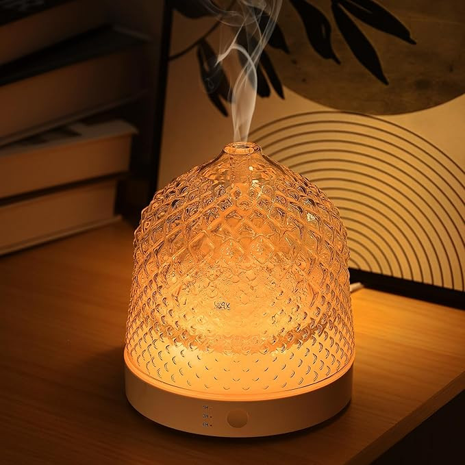 Glass Essential Oil Diffuser, 200ml Ultrasonic Aroma Diffusers with Glass Reservoir Dome & White ... | Amazon (US)
