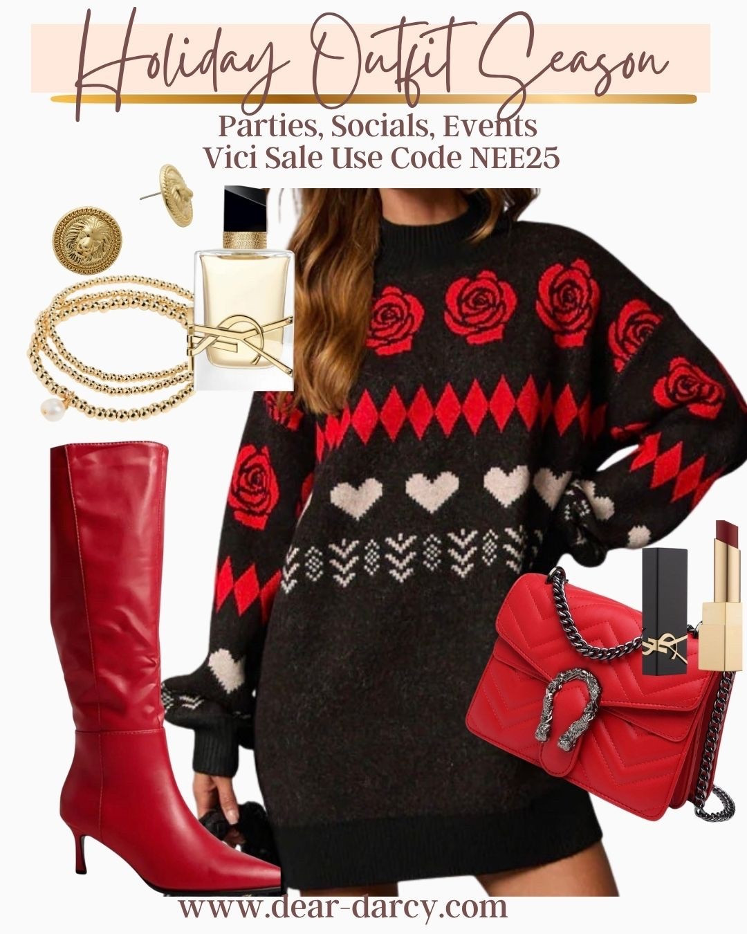 Sweater Dress season and on Slae🚨 use code NEW25

Perfect for Holiday social season 
Plays, friend dinners, date night, grabbing a drink, holiday socials

Vici sweater dress fits tts 
Red tall leather boos and a cute red bag Amazon finds 

Ysl perfume and lipstick
If you haven’t tried a YSL lipstick it’s the best lipstick and worth the splurge (great gift idea too)

Gold beaded bracelets and stud earrings 


#LTKHoliday #LTKSaleAlert #LTKFindsUnder100