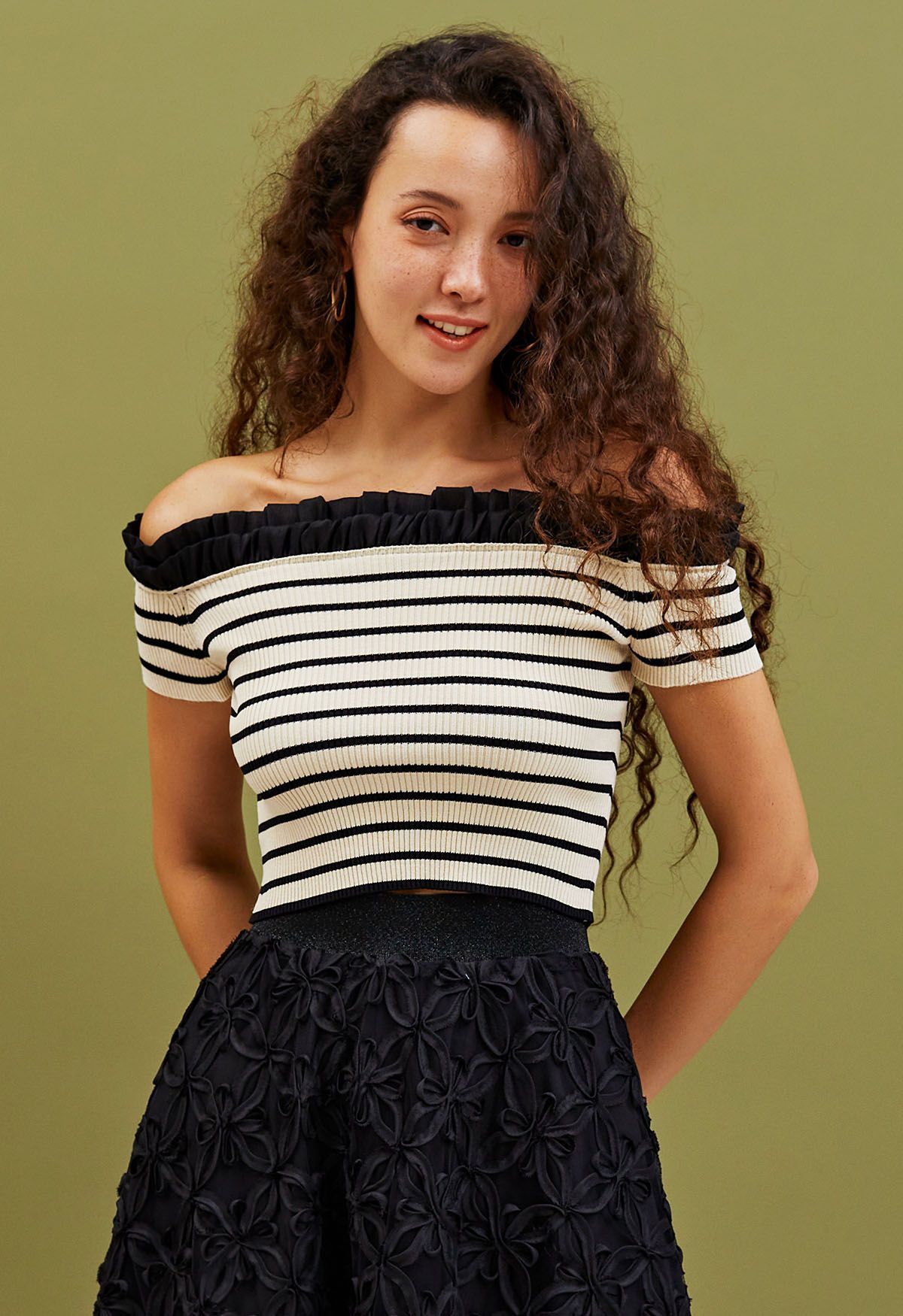 Tiered Ruffle Off-Shoulder Stripe Knit Crop Top | Chicwish