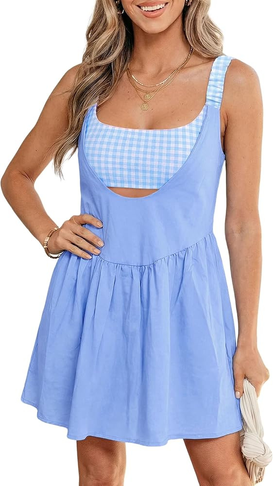 SELINK Womens Summer Dresses 2 Piece Gingham Contrast Patchwork Mini Dress | Amazon (US)