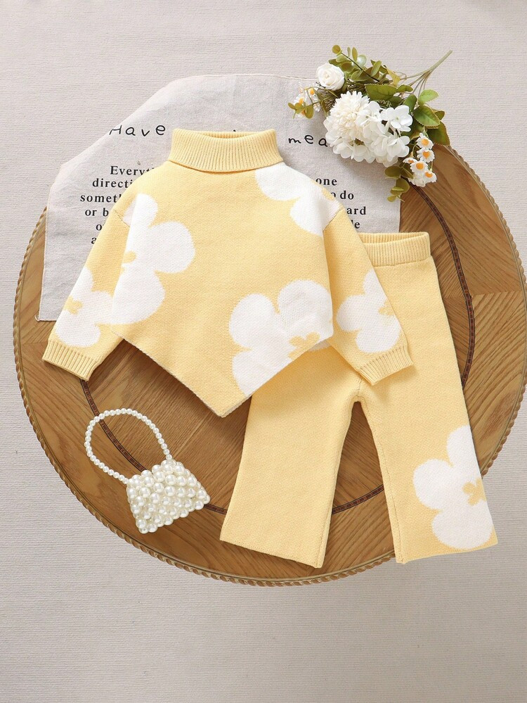SHEIN 2pcs Baby Girls Cute White Floral Autumn Family Matching Yellow Pattern Knitted Turtleneck ... | SHEIN
