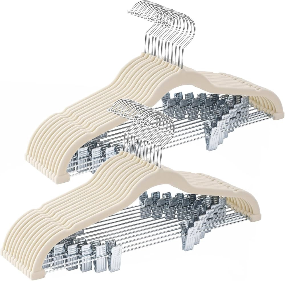 24-Pack Beige Velvet Hangers with Clips Adjustable,Adult Hangers,Heavy-Duty,Felt,Non-Slip,Space S... | Amazon (US)