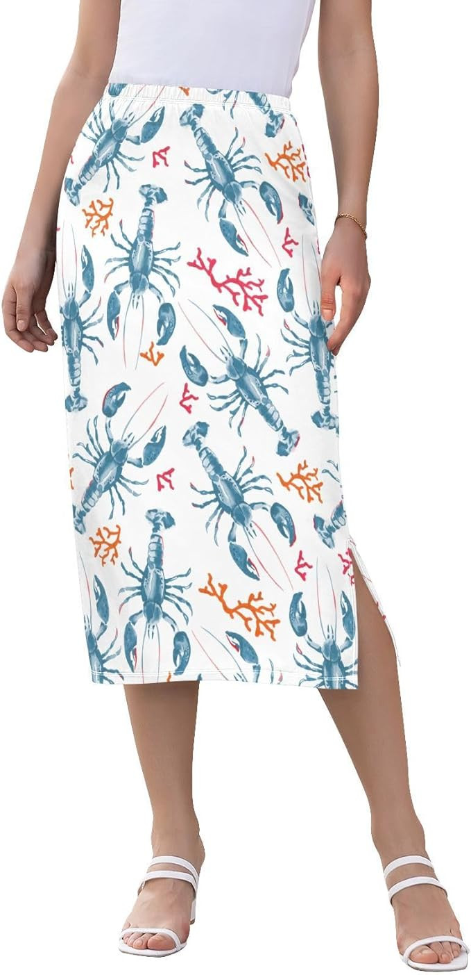Marine Wildlife Women Midi Skirt Ocean Blue Lobster Coral Casual Side Slit Summer Skirt S-XXL | Amazon (US)