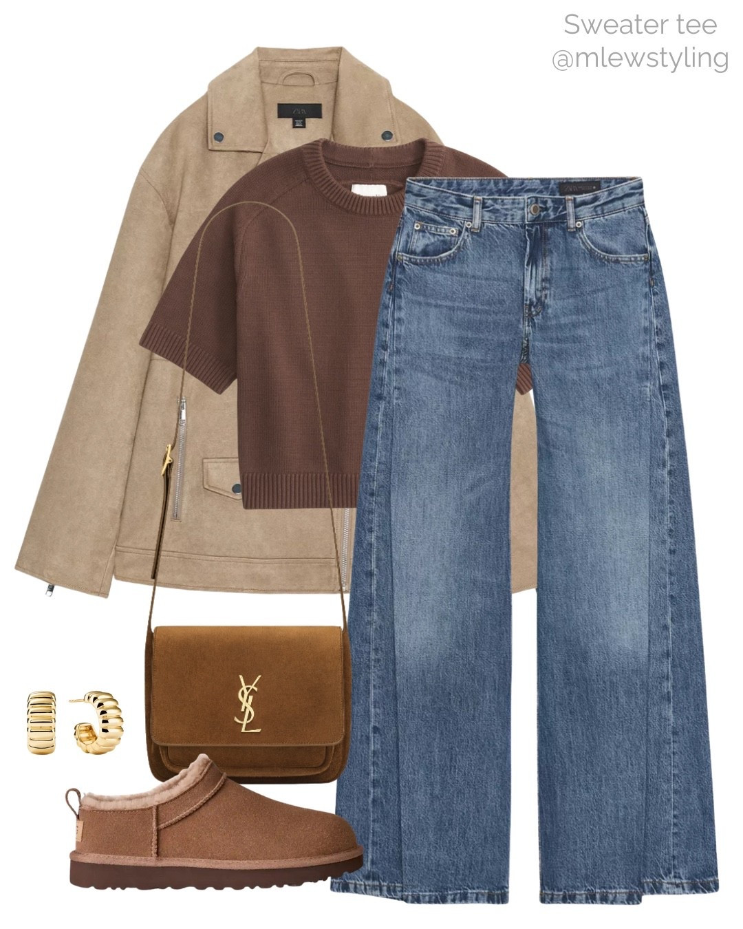 Fall outfit with a sweater tee 🤎

Tags: autumn outift, new in Zara jeans, ultra mini Uggs, ysl brown suede bag, Abercrombie short sleeved sweater, Zara faux suede biker jacket, wide leg jeans, fall trends 