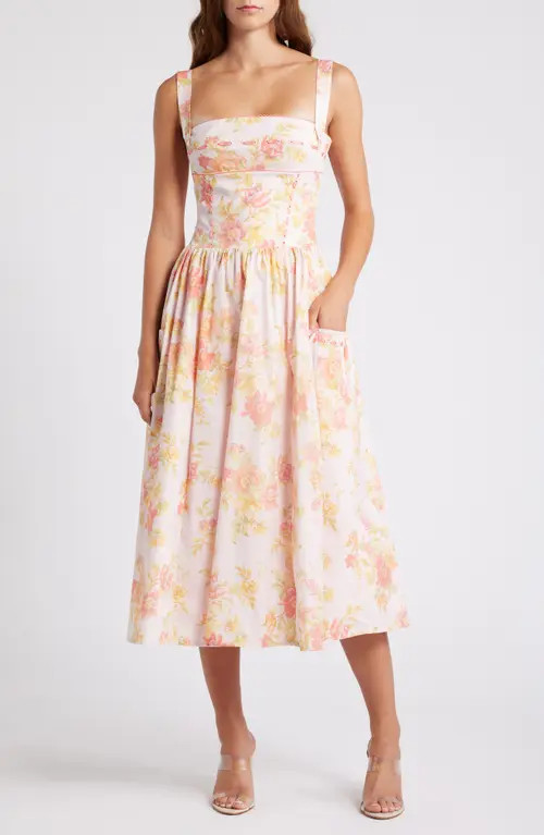 HOUSE OF CB Vivien Midi Sundress in Peached Poppy Print at Nordstrom, Size Medium D | Nordstrom