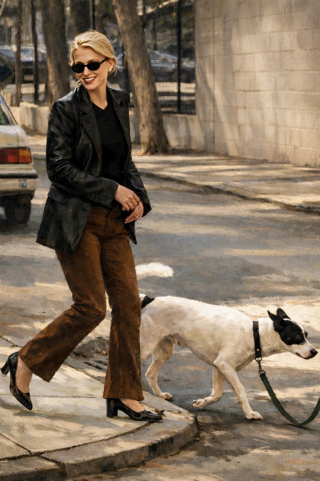 Carolyn Bessette-Kennedy off-duty is the blueprint for quiet luxury street style and this look captures that exact formula.

The tailored black blazer, simple knit, and those perfectly cut brown trousers are the kind of elevated basics she repeated on repeat in New York. Clean lines, neutral tones, and nothing that tries too hard. Add in the sleek sunglasses and classic pointed heels and you get that effortless 90s minimalism that still defines modern capsule wardrobes today.

This is why CBK style continues to trend in search. It’s built on timeless wardrobe essentials you can rewear forever. A structured leather or wool blazer, a refined straight or subtle flare pant, a simple black top, and polished accessories that feel intentional but never loud.

If you’re building a Carolyn Bessette-Kennedy inspired wardrobe, start here. Invest in tailored outerwear, high-quality trousers, and minimalist shoes that work for day to night. This is the foundation of the quiet luxury aesthetic.