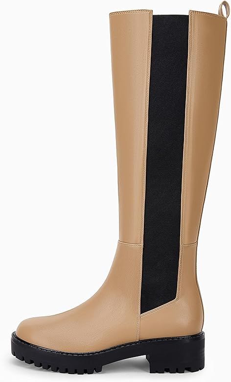 Womens Platform Knee High Boots Lug Sole Chunky Block Heel Chelsea Elastic Combat Shoes Fall Snow Ri | Amazon (US)
