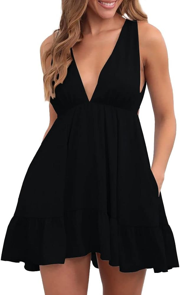 Womens Summer Mini Dress Deep V-Neck Ruffle Flowy Backless Short Dresses | Amazon (US)