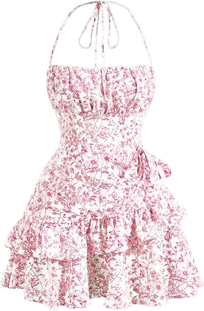 Floerns Women's Floral Print Sleeveless Halter Tie Back Layered Hem Cami Mini Dress | Amazon (US)