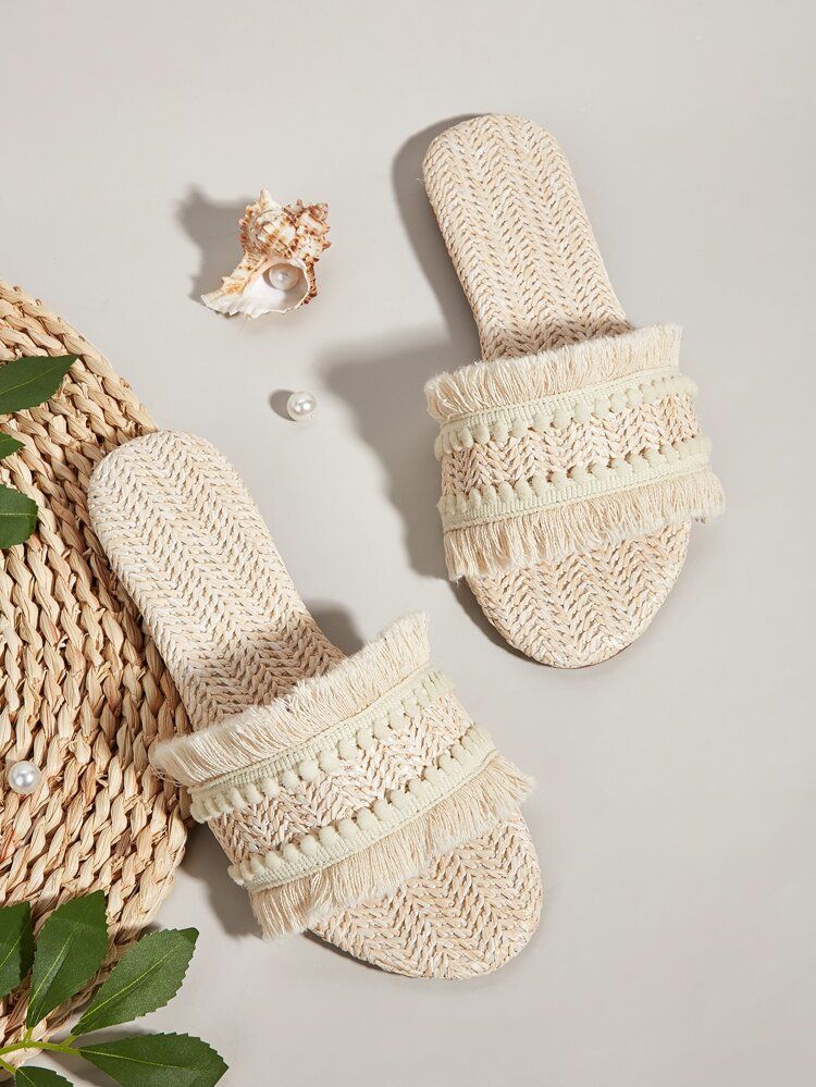 Straw Pom Pom Decor Raw Trim Slide Sandals | SHEIN