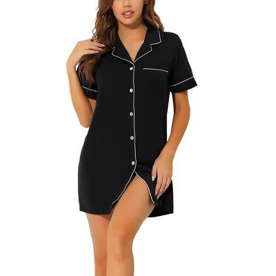 cheibear Women's Notched Collar Thigh Length Button Down Pajama Shirt Dress with Pocket Medium Black | Target