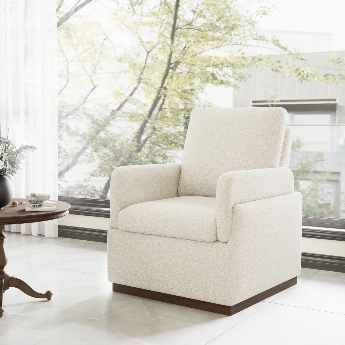 Boucle  Upholstered Accent Chair Full Back Armchair With Solid Wood Base | Wayfair North America