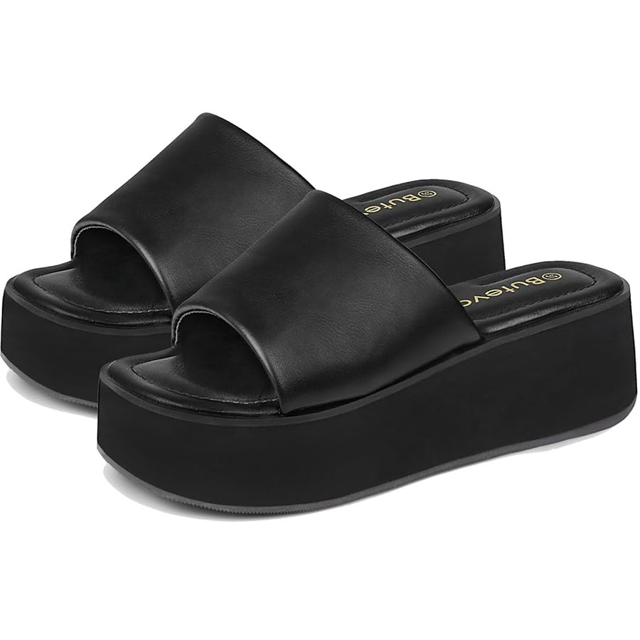 Butevar Chunky Platform Sandals for Women - Comfort Black Open Toe Slip on Platform Slides Y2K We... | Amazon (CA)