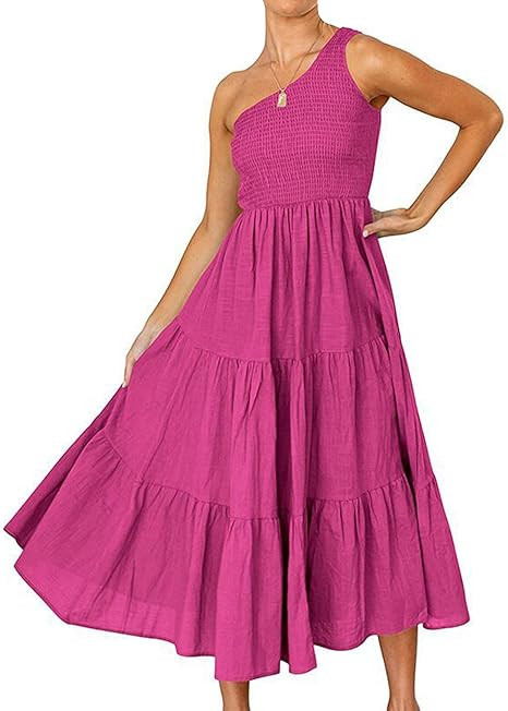 SEMATOMALA Women's One Shoulder Swing Ruffle Dress Sleeveless Tank Top Smocked Flowy Tiered Aline... | Amazon (US)
