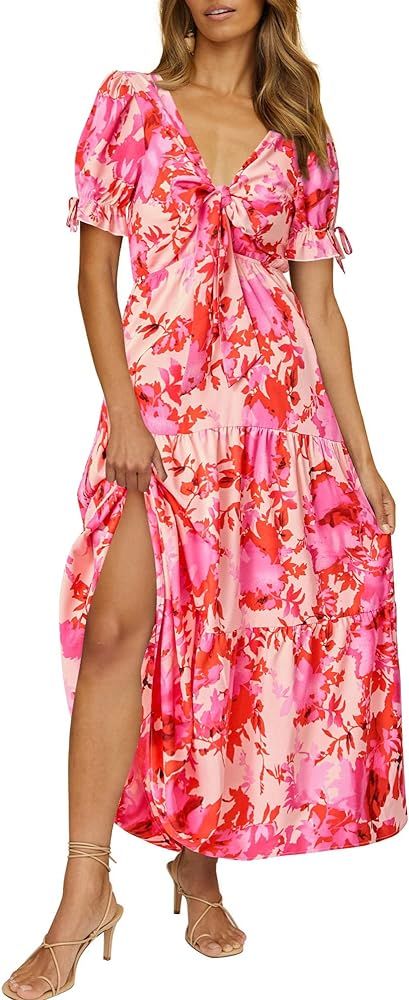 BTFBM Women's 2024 Summer Boho Dress Tie Front Deep V Neck Cutout Short Sleeve Floral Casual Part... | Amazon (US)