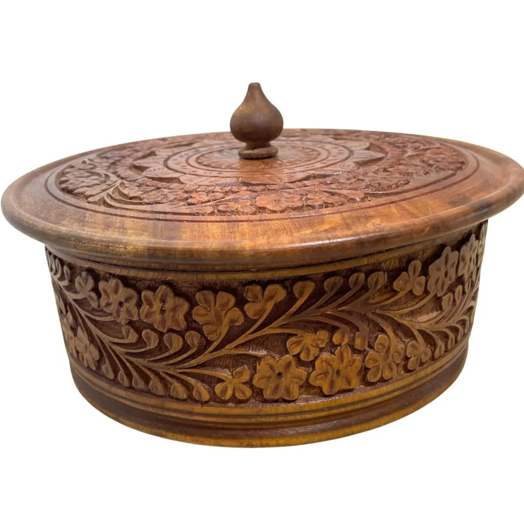 Hand-carved Wooden Round Box With Ornate Floral Design & Lid - Etsy | Etsy (US)