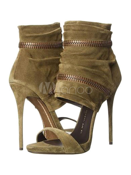 Women's Sandal Booties Open Toe Stiletto Heel Nubuck Olive Ankle Boots | Milanoo