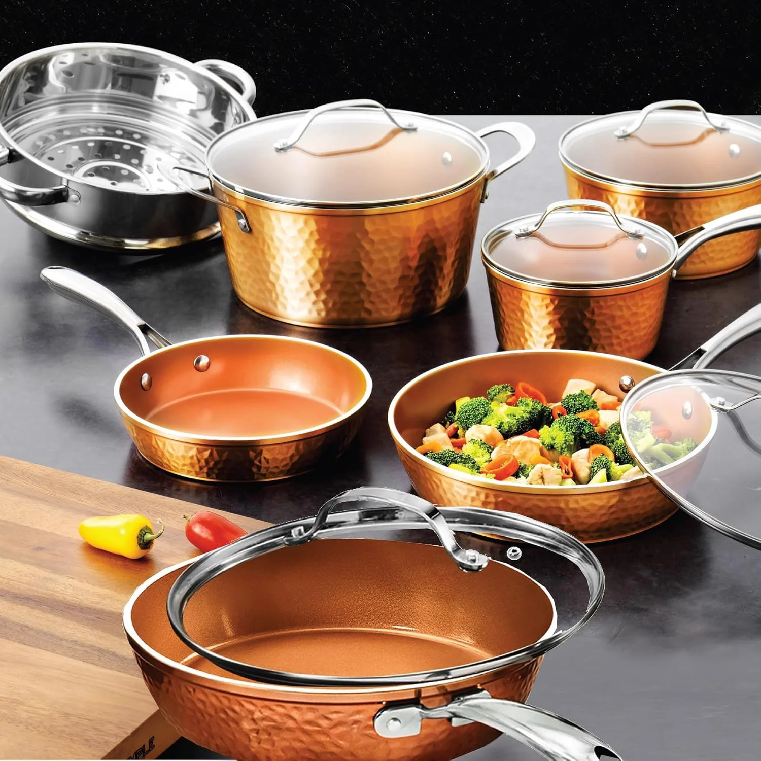 Gotham Steel Hammered Copper 10 Pc Pots and Pans Set Non Stick Cookware Set, Ceramic Cookware Set... | Walmart (US)