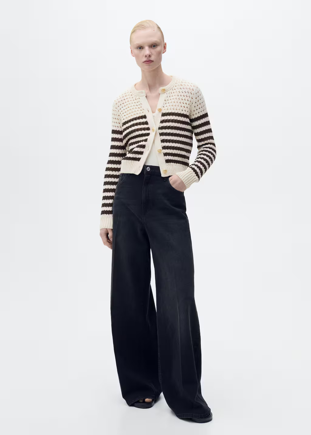 Striped openwork knitted cardigan brown - Women - M - MANGO | Mango (US/MX/AU)