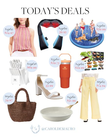 Today’s deals include a neck massager, cute yellow wide-leg pants, colorful halter top, knife block set, white block heels, and more! 
#summerfinds #trendyfashion #kidstoy #kitchenmusthave 

#LTKKids #LTKItBag #LTKSaleAlert