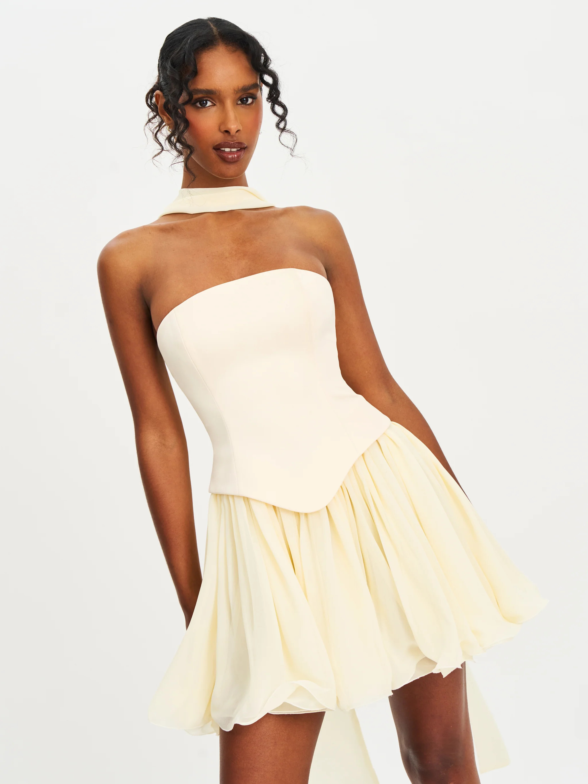 Valentina Butter Yellow Boned Curve Edge Peplum Mini Dress | Miss Circle