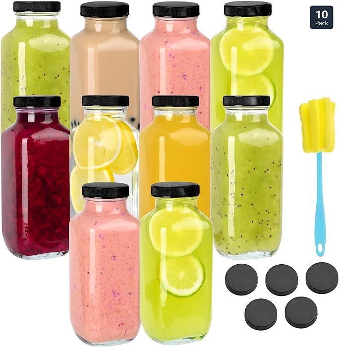 10 Pack 16oz Glass Juice Bottles with Lids - Reusable Juicing Bottles Glass Drinking Jars Contain... | Amazon (US)