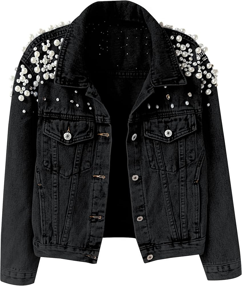 Hixiaohe Women Loose Embroidered Pearls Beading Cropped Denim Jacket Jean Coat | Amazon (US)