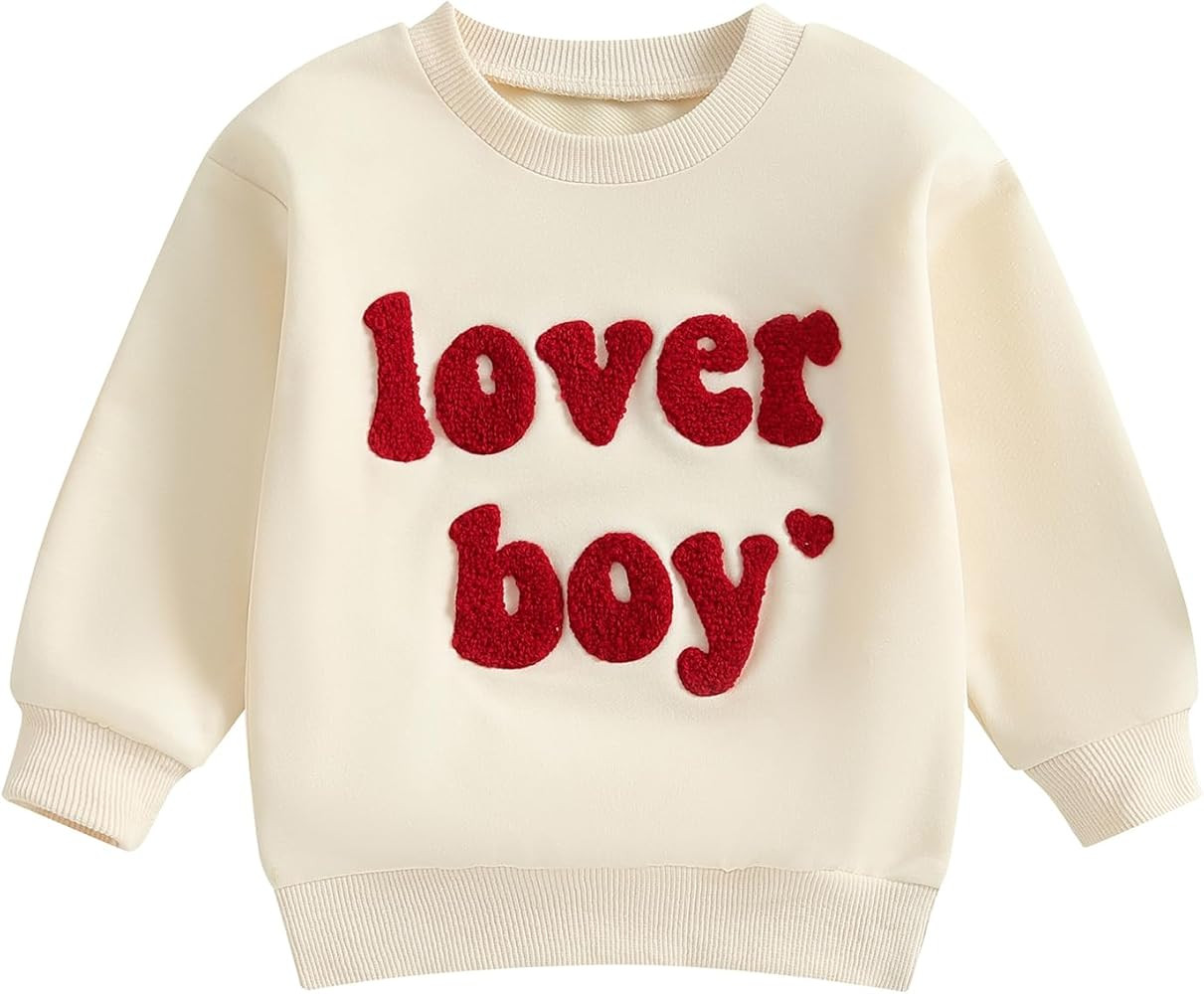 Kids Toddler Baby Boy Valentines Day Outfit Heart Embroidery Sweatshirt Crewneck Long Sleeve Shir... | Amazon (US)