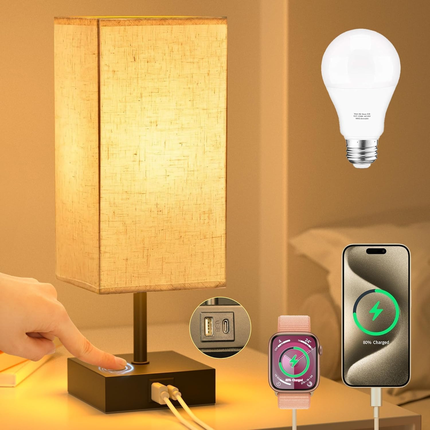 Bedside Table Lamps for Bedroom Touch Nightstand Lamp with USB C+A | Amazon (US)