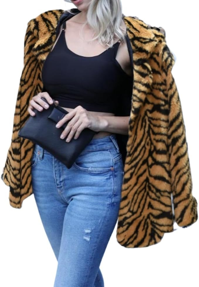 Tiger Animal Winter Coats Long Thick Furry Overcoats Jackets for Women Zebra Print Shaggy Warm Ti... | Amazon (US)