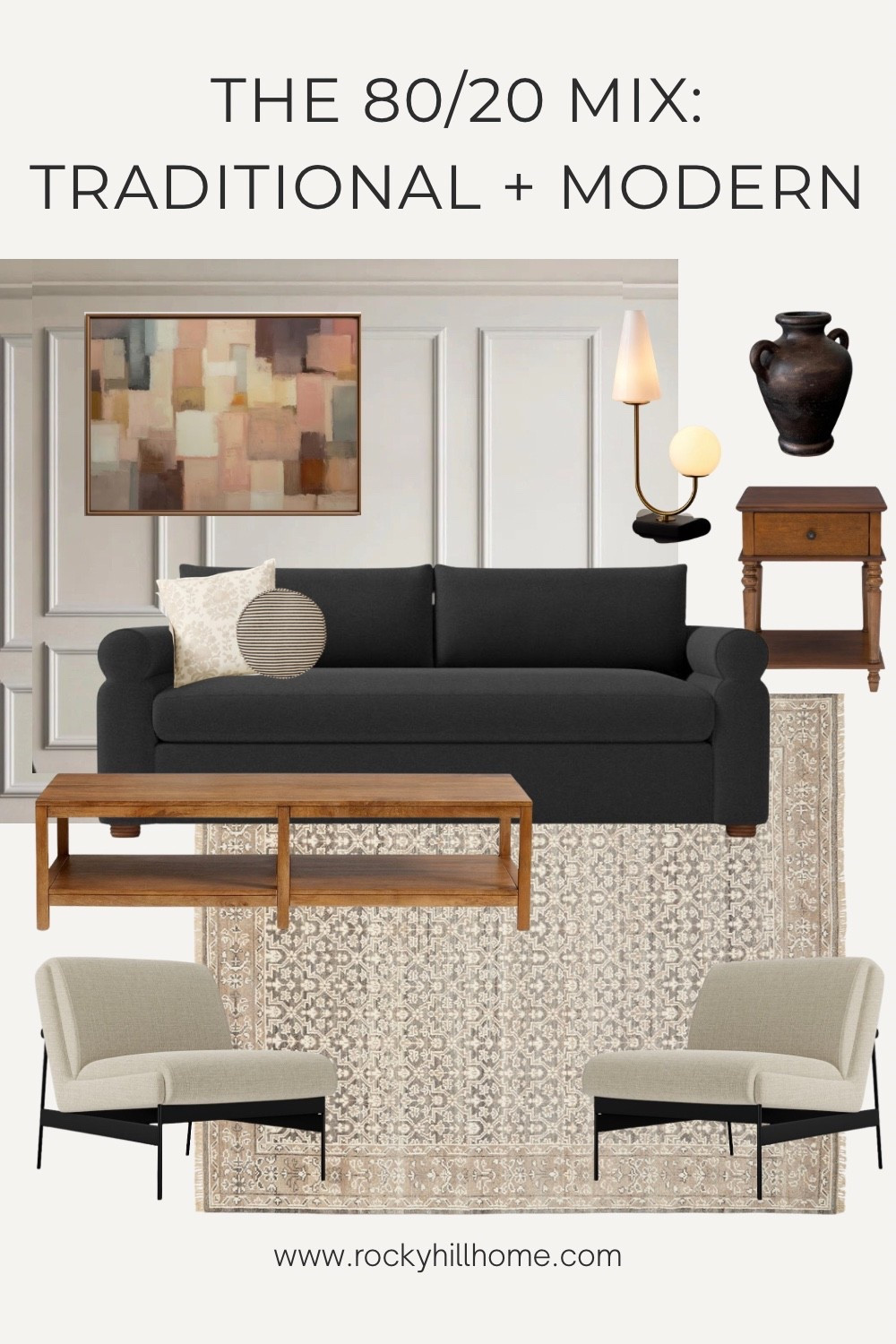 This living room mood board features the perfect 80/20 balance for a sophisticated living space.
Featuring a West Elm x Pierce & Ward sofa, West Elm slipper chairs, hand-knotted rug from Coyuchi + Rejuvenation and a classic Pottery Barn wood coffee table. To keep it feeling fresh, I added modern abstract art and a sculptural modern table lamp.

#LTKHome
