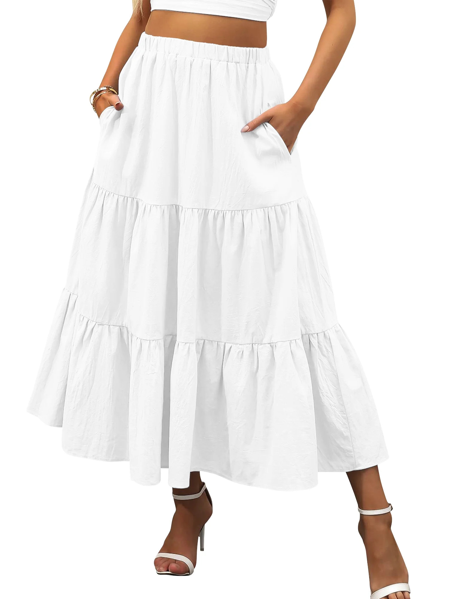 TEMOFON Midi Pleated Skirts for Women with Lining Elastic High Waist with Pockets Maxi A Line Lin... | Walmart (US)