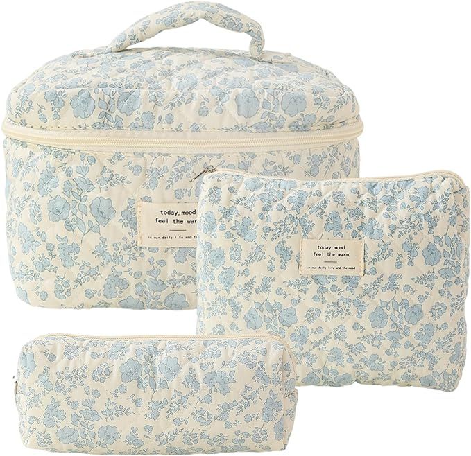 ALUXY 3 Pcs Cotton Quilted Makeup Bag Set, Floral Cotton Cosmetic Bag, Aesthetic Toiletry Travel ... | Amazon (US)