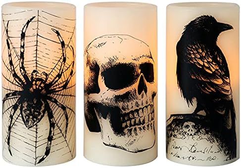 Eldnacele Halloween Flickering Candles with Skull, Spider Web, Crow Raven Decals Set of 3, Batter... | Amazon (US)