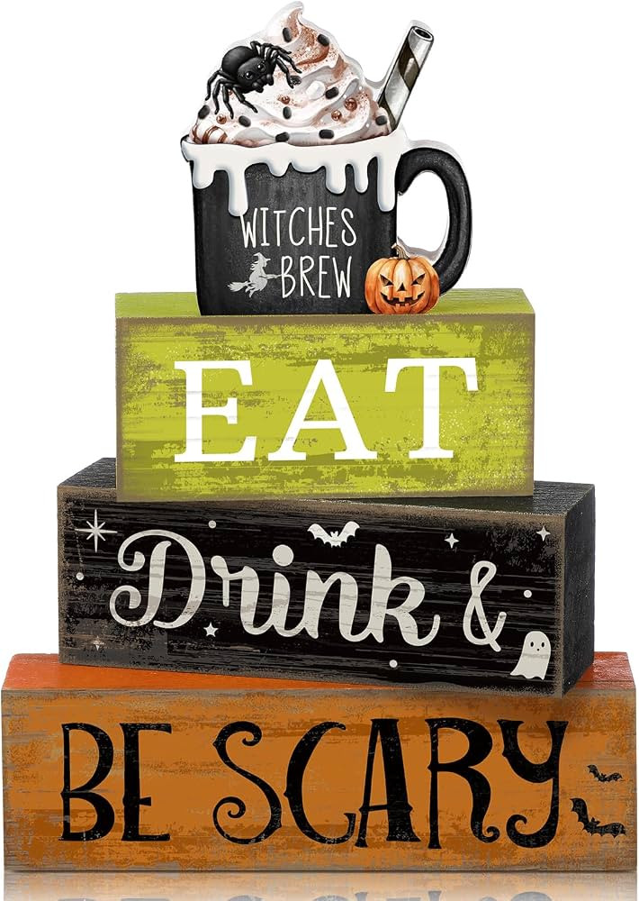 Lineshading 4 Pcs Halloween Wooden Block Signs, Eat Drink Be Scary Decor | Amazon (US)