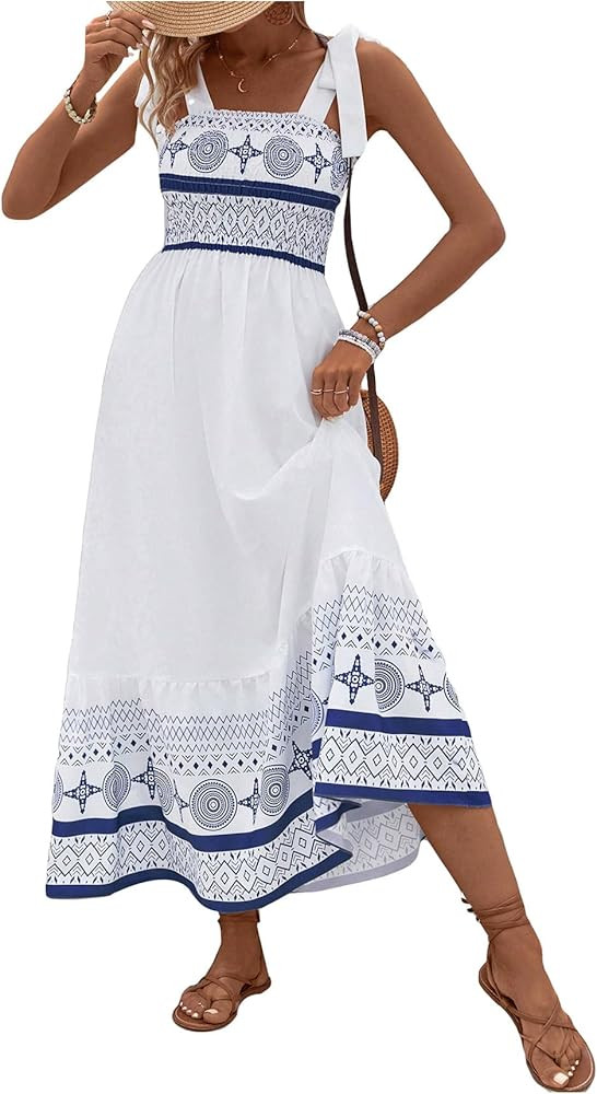 MakeMeChic Women's Summer Boho Dress Casual Floral Print Spaghetti Strap Square Neck Long Maxi Dr... | Amazon (US)