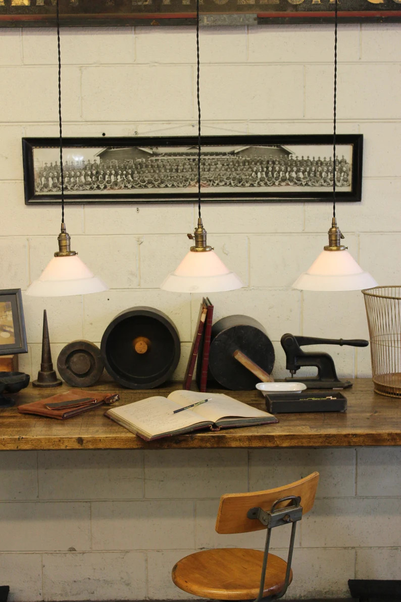 x35 Available! 10" French Vintage Industrial Vianne White Glass Pendant Lights | Etsy (US)