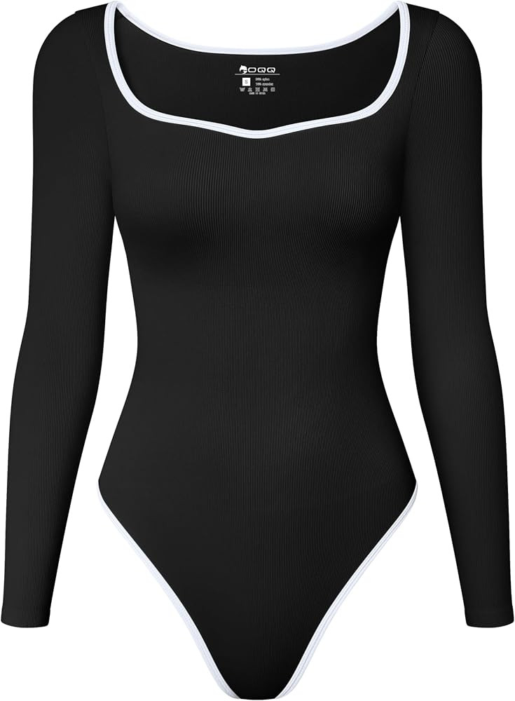 OQQ Women Bodysuit Contrast-Trim Square Neck Long Sleeve Stretch Bodysuit Tops | Amazon (US)