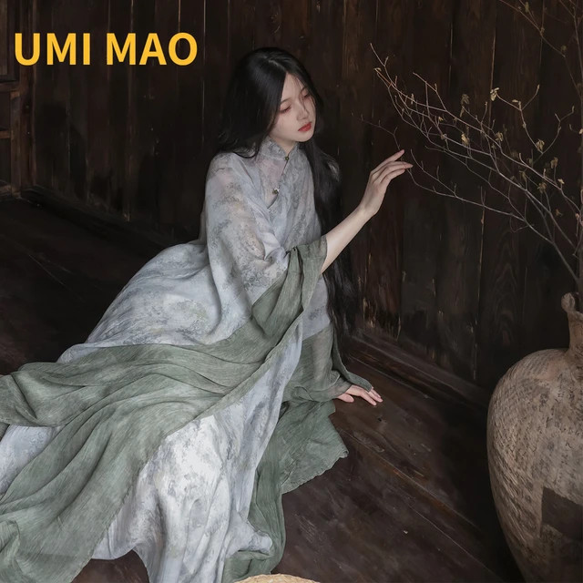 UMI MAO-Cheongsam feminino caseiro estilo chinês com mangas, vestido solto e elegante, verde fri... | Aliexpress BR (BR)