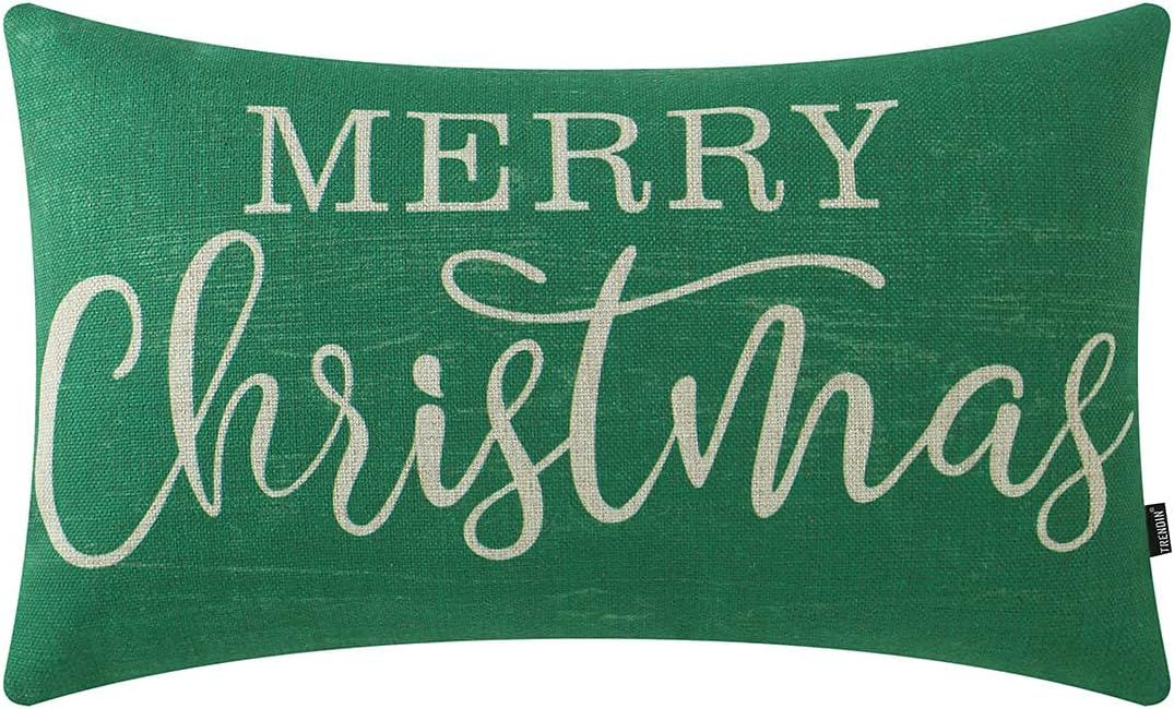 TRENDIN Green Merry Christmas Pillow Cover 20x12 inch, Wood Grain Oblong Throw Pillowcase, Home C... | Amazon (US)