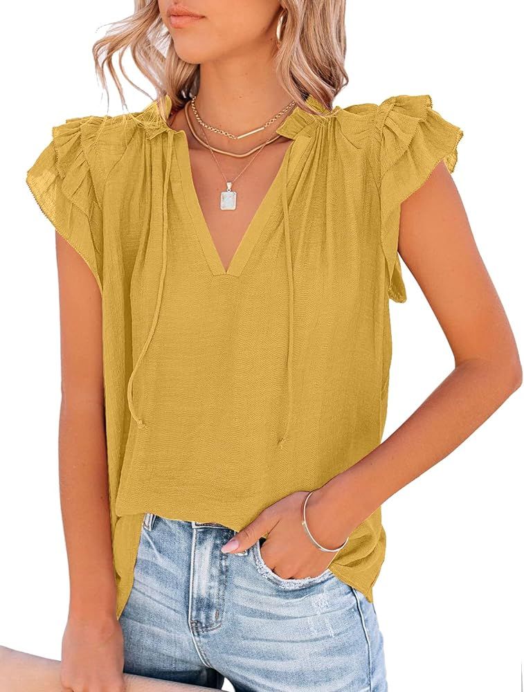 LookbookStore Women's Casual V Neck Tops Ruffle Flutter Shirt Cap Sleeve Blouse | Amazon (US)