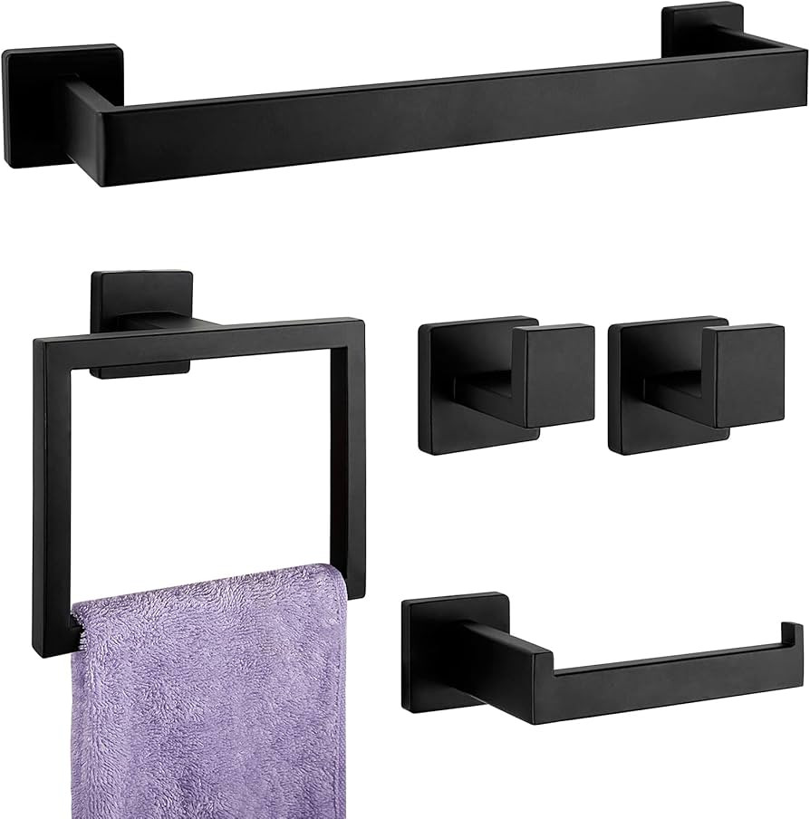 5-Pieces Matte Black Bathroom Hardware Accessories Set, SUS304 Stainless Steel Bath Towel Bar Set... | Amazon (US)