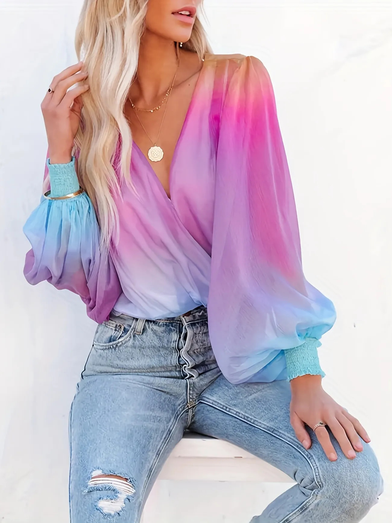 Gradient Print Surplice Neck Blouse, Casual Lantern Long Sleeve Blouse For Spring & Fall, Women's... | Temu Affiliate Program