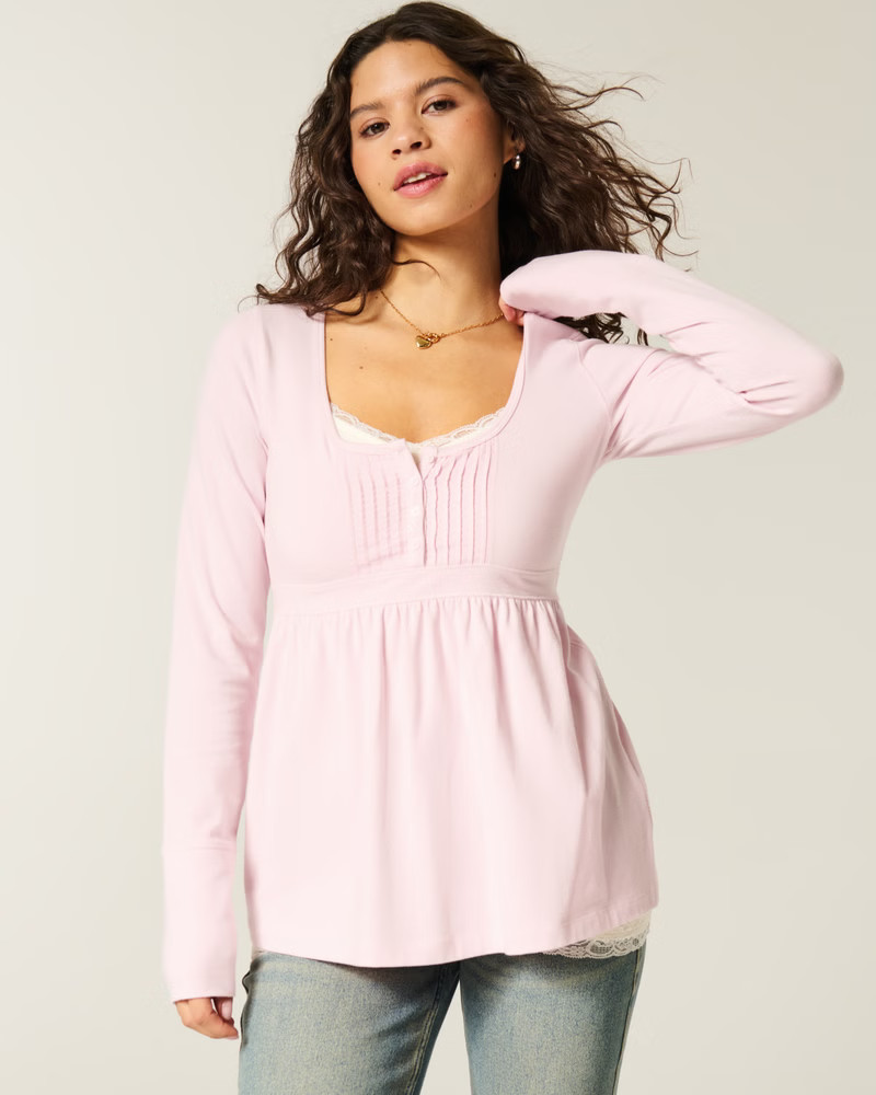 Long-Sleeve Henley Babydoll Top | Hollister (US)