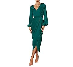PRETTYGARDEN Women's Maxi Satin Puff Sleeve Wrap V Neck Ruched Belted Long Formal Cocktail Dresse... | Amazon (US)