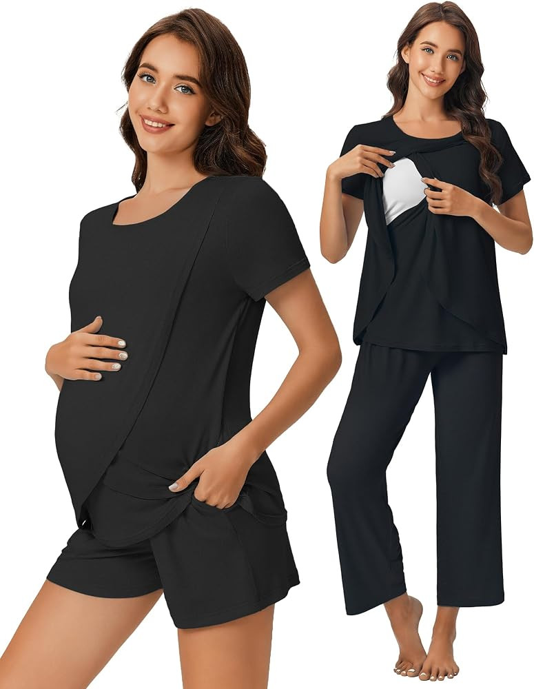 Ekouaer 3 PCS Maternity Nursing Pajamas Set Postpartum Breastfeeding Short Sleeve Shirts, Pregnan... | Amazon (US)