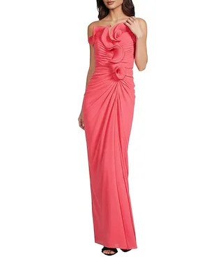 Belle by Badgley Mischka Addison Strapless Ruffle Bodice Draped Column Dress | Dillard's